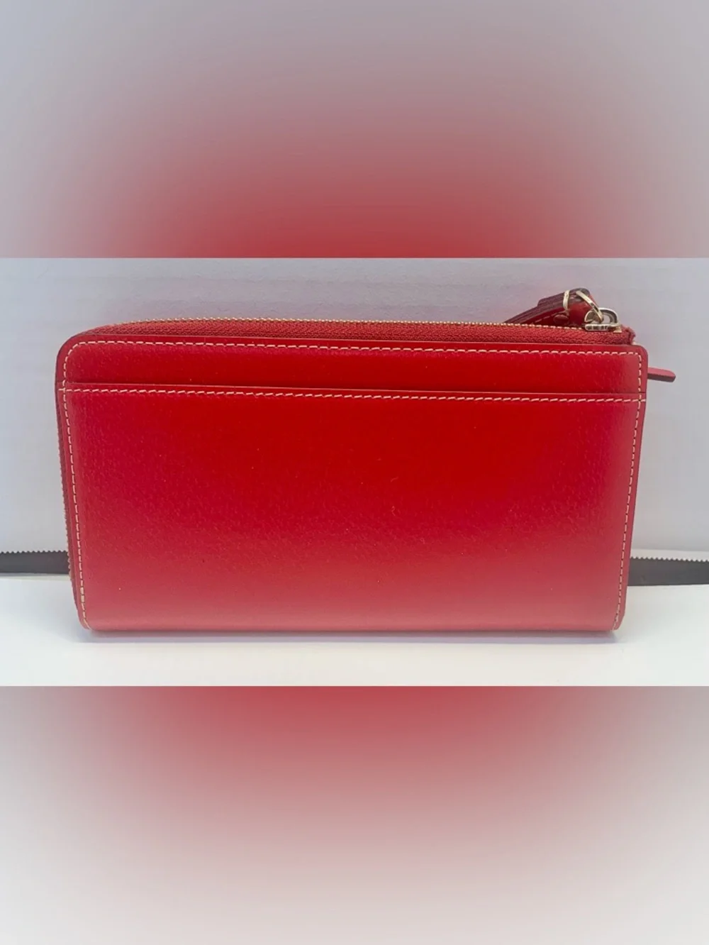 Kate Spade New York Leather Zip Around Wristlet Wallet Red Gold Tone